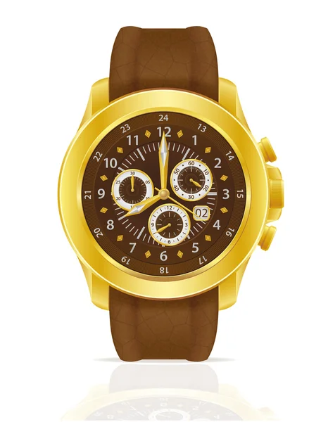 Gouden mechanische horloge horloge met lederen riem vector illus — Stockvector