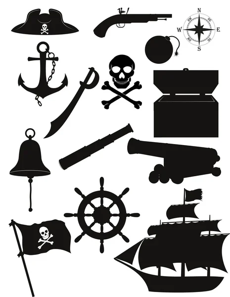 Set von Piratensymbolen schwarze Silhouette Vektor Illustration — Stockvektor