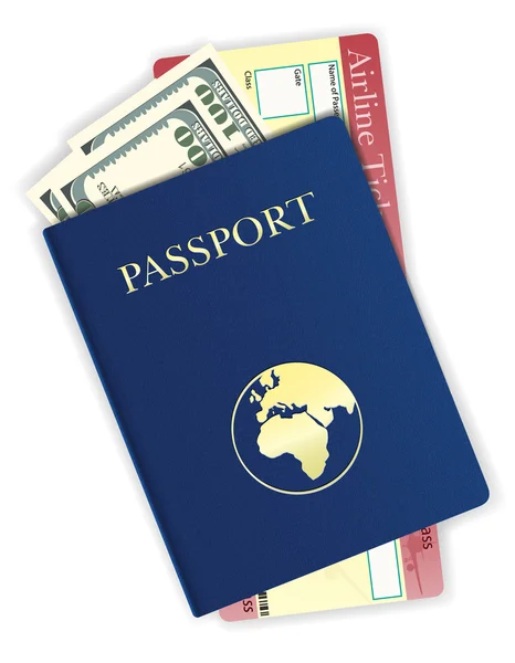 Paspor dengan uang dan tiket pesawat vektor ilustrasi - Stok Vektor