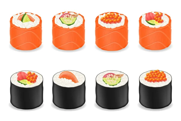 Rolos de sushi em peixes vermelhos e algas nori ilustração vetorial — Vetor de Stock