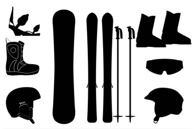 items equipment for ski and snowboarding black silhouette cartoon stock vector illustration isolated on white background
