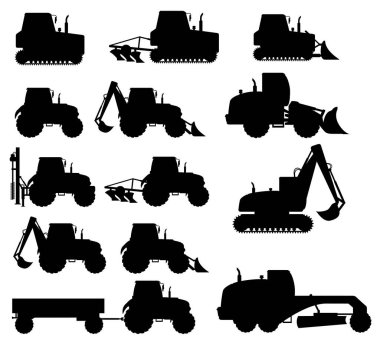 tractors for agriculture and construction cartoon stock black silhouette vector illustration isolated on white background