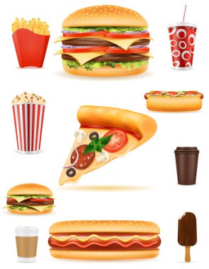 Fast food pizza hamburger, patates kızartması, patlamış mısır, patlamış mısır, sosisli, dondurma. Beyaz arka planda izole edilmiş vektör çizimi.