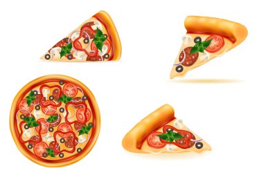 Peynirli domates salamlı pizza. Zeytin şampiyonu. Soğan çizgi filmi. Beyaz arka planda izole edilmiş vektör çizimi.