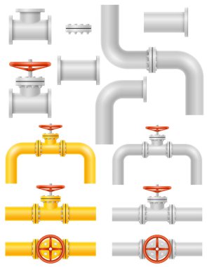 Su şebekesi petrol boru hattı kanalizasyon boruları için metal borular beyaz arka planda izole edilmiş stok vektör çizimi