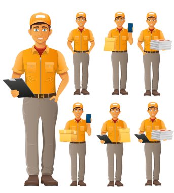 dağıtım hizmeti genç kurye karikatür stok vektör illüstrasyonu beyaz arka planda izole