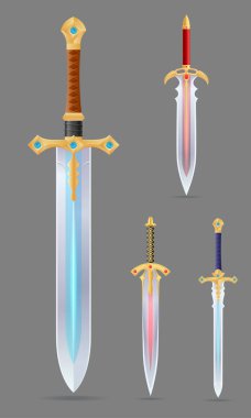 Çeşitli fantezi ve antik silahları ve kalkanları gösteren ayrıntılı vektör illüstrasyonunda arka planda kılıçlar, baltalar, çekiçler, mızraklar ve meşaleler yer alıyor.