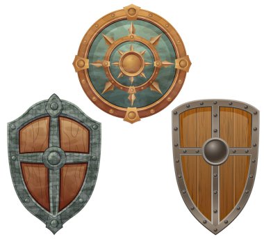 Çeşitli fantezi ve antik silahları ve kalkanları gösteren ayrıntılı vektör çizimi beyaz arka planda kılıçlar, baltalar, çekiçler, mızraklar ve meşaleler içeriyor.