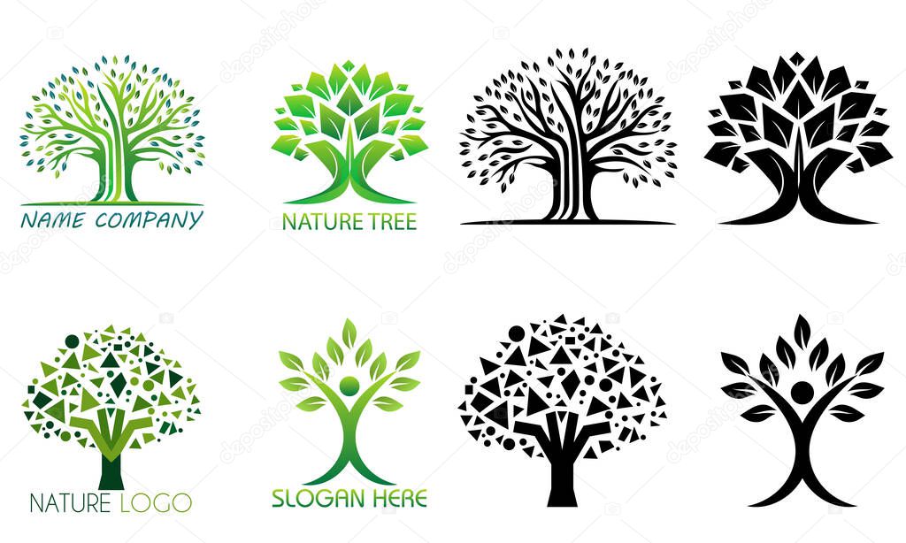 Nature tree ecology logo for your business or company set logotype cartoon stock color and black and white vector illustration isolated on white background