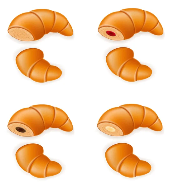 Pictogrammen van verse knapperige croissants met jam chocolade en crea instellen — Stockvector