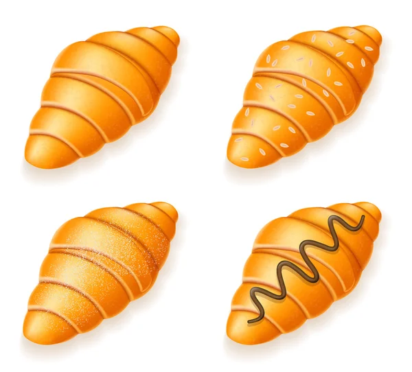 Pictogrammen van verse knapperige croissants met sesamzaadjes chocolade instellen — Stockvector