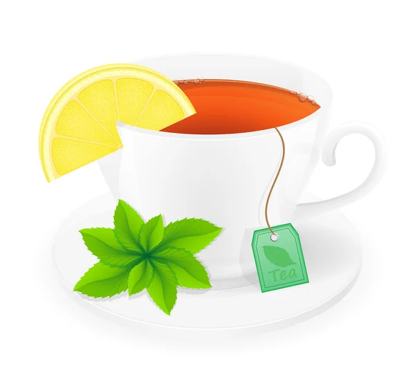 Tazza di tè di porcellana con limone e menta vettoriale illustrazione — Vettoriale Stock