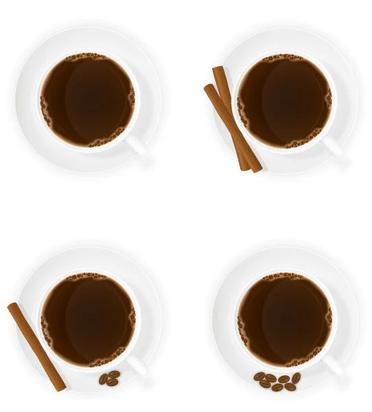 Cup of coffee with cinnamon sticks grain and beans top view vect — Stock Vector