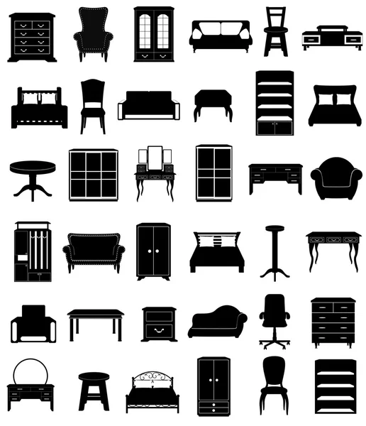 Set Icons Möbel schwarze Silhouette Umriss Vektor Illustration — Stockvektor