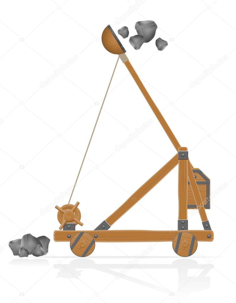 old wooden catapult shooting stones vector illustration