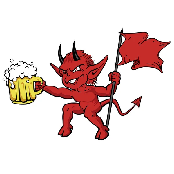 Rode Duivel Met Een Bierbeker Een Rode Vlag — Stockvector