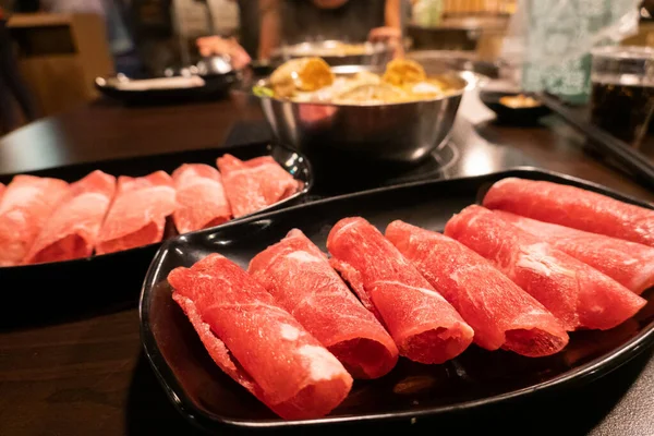 Sliced Pork Dish Table Hot Pot Restaurant — Stock Photo, Image