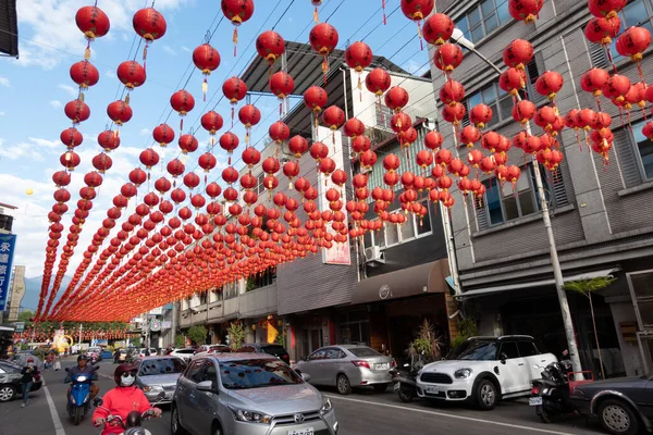 Тауншип Пули Тайвань Декабря 2020 Красные Китайские Фонари Висят Улице — стоковое фото