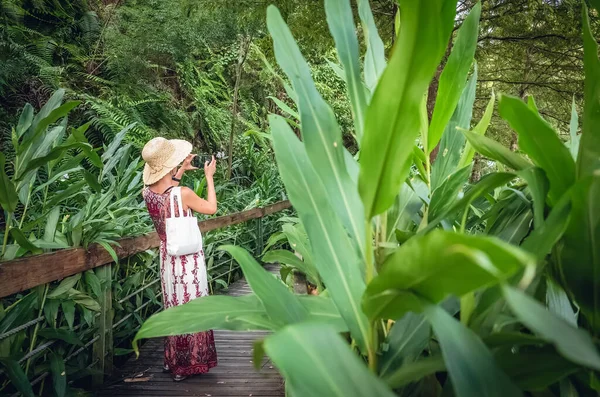 Gezgin Asyalı Kadın Ormanda Bir Fotoğraf Çekiyor — Stok fotoğraf