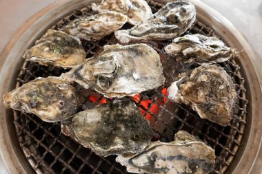 Tayvan 'da bir restoranda ızgarada taze istiridye.