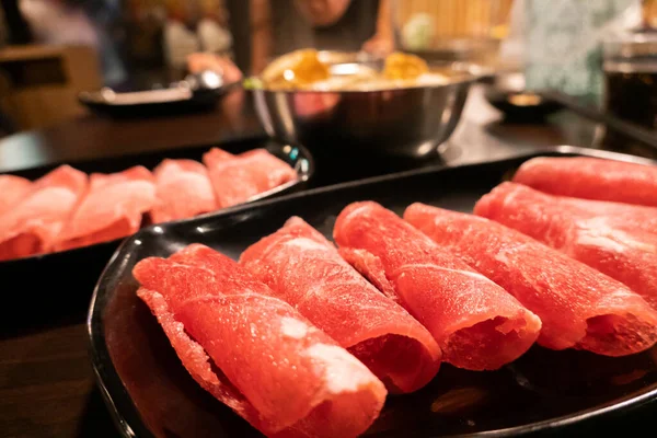 Carne Cerdo Rodajas Plato Mesa Para Olla Caliente Restaurante — Foto de Stock