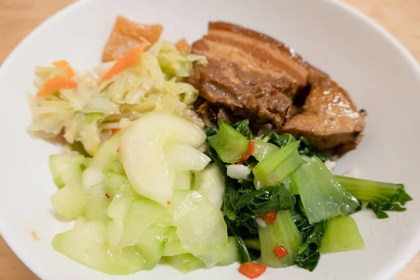 Carne Porc Tocană Soia Legume Orez Într Bol Taiwan — Fotografie, imagine de stoc