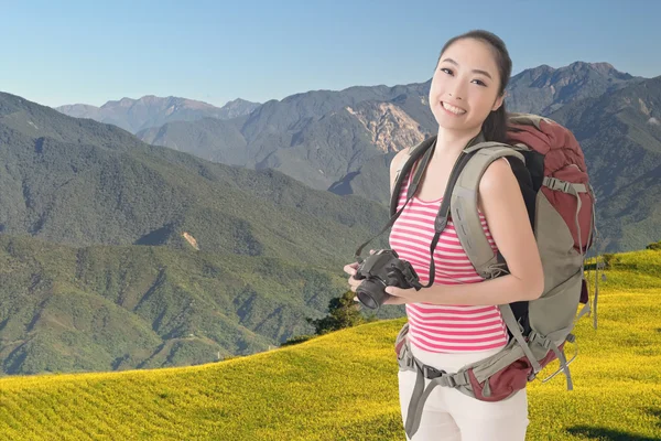 Backpacker with camera — Stock Photo, Image