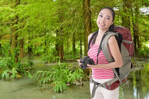 Backpacker with camera — Stock Photo, Image