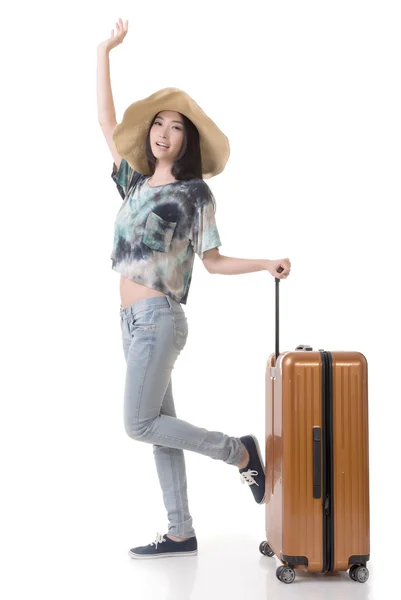 Exciting Asian woman drag a luggage — Stock Photo, Image