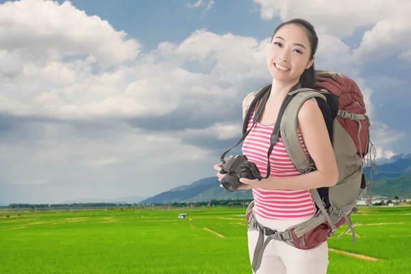 Backpacker with camera — Stock Photo, Image