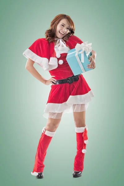 Smile happy Asian Christmas girl hold gift box — Stock Photo, Image