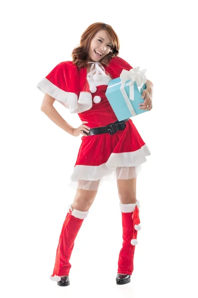 Smile happy Asian Christmas girl hold gift box — Stock Photo, Image