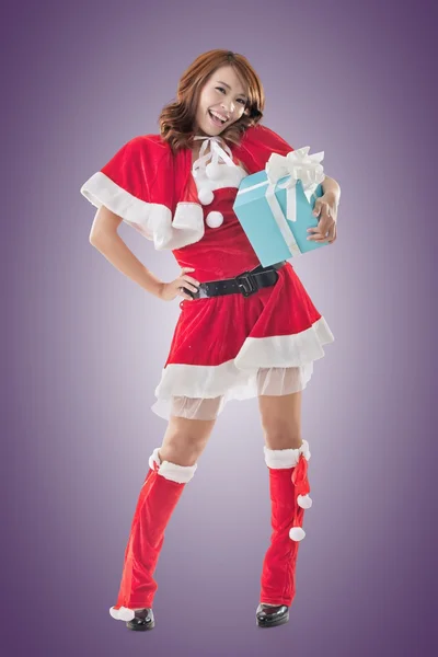 Smile happy Asian Christmas girl hold gift box — Stock Photo, Image