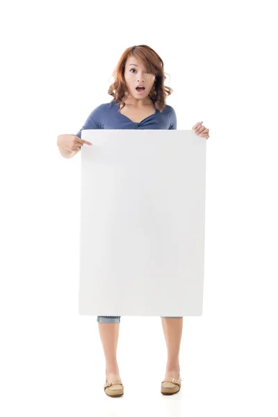 Excited Asian girl hold a blank board — Stock Photo, Image