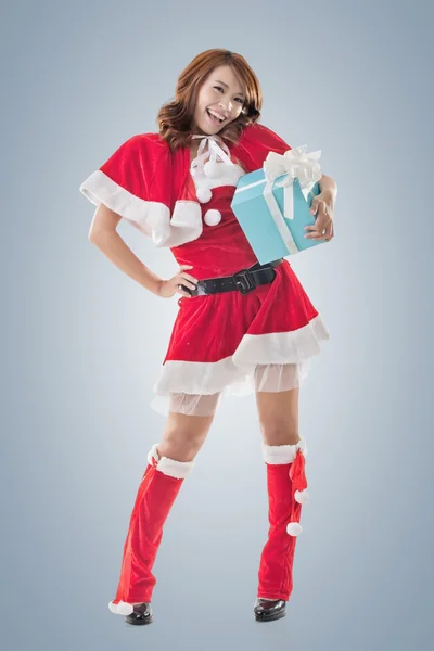 Smile happy Asian Christmas girl hold gift box — Stock Photo, Image