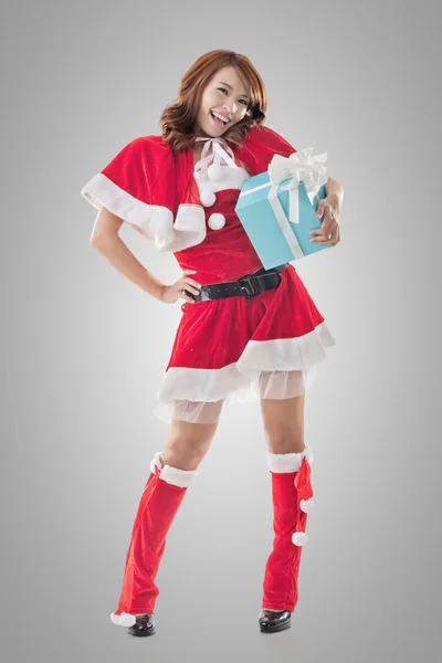 Smile happy Asian Christmas girl hold gift box — Stock Photo, Image