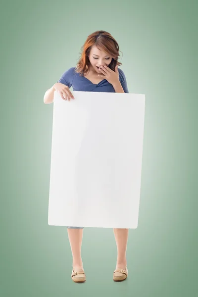 Excited Asian girl hold a blank board — Stock Photo, Image