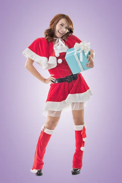 Smile happy Asian Christmas girl hold gift box — Stock Photo, Image