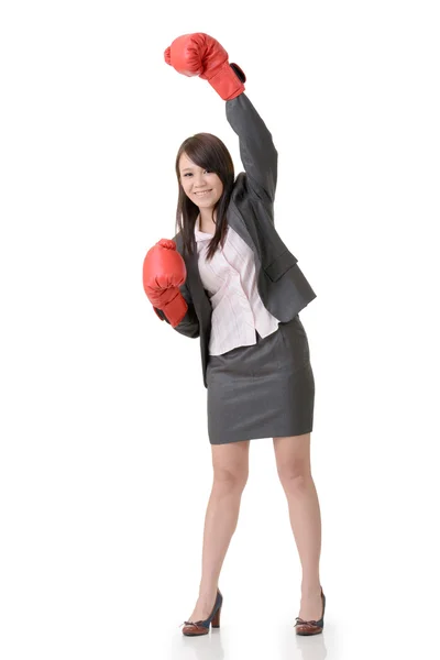 Exciting gloved business woman — Stock Photo, Image