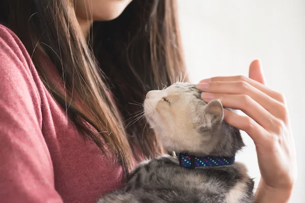 Kvinna leker med hennes kattunge — Stockfoto