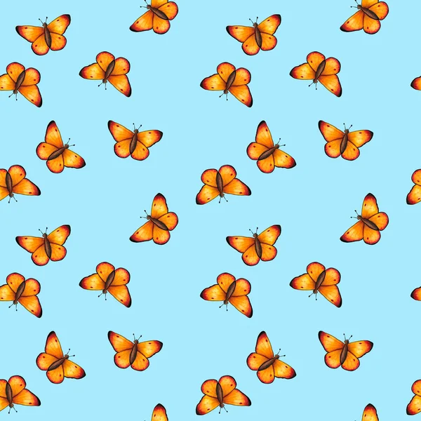 Modello senza cuciture disegnato a mano con farfalle arancio volante — Foto Stock