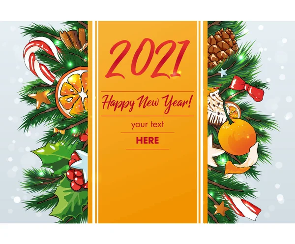 2021 Ilustracja nowego roku ze słodyczami i jodłą — Wektor stockowy