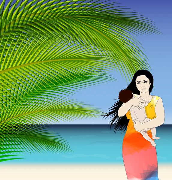 Madre y bebé ilustración tropical — Archivo Imágenes Vectoriales