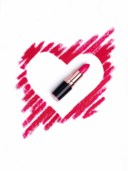 Hintergrund Zum Valentinstag Roter Und Pinkfarbener Lippenstift Herzform Vereinzelt Auf — Stockfoto