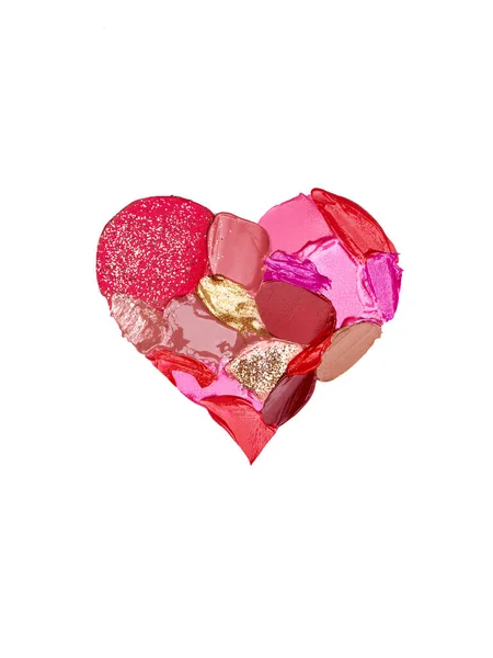 발렌타인데이 빨간색과 분홍색 립스틱이 모양으로 얼룩졌습니다 배경에 고립되어 있습니다 화장품 — 스톡 사진