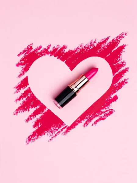 Hintergrund Zum Valentinstag Roter Und Pinkfarbener Lippenstift Herzform Vereinzelt Auf — Stockfoto