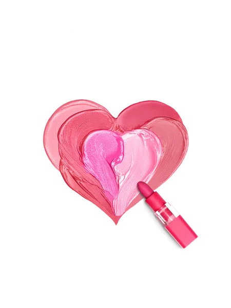 Valentijnsdag Achtergrond Rode Roze Lippenstift Ingesmeerd Vorm Van Een Hart — Stockfoto