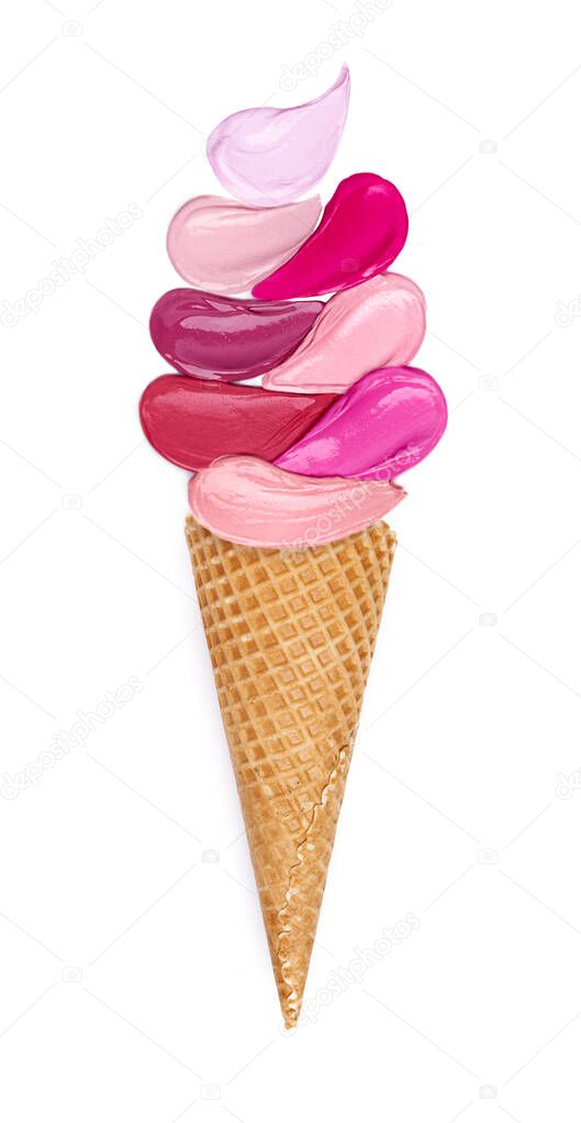 Creative concept of lipstick smeared in the form of popsicle ice cream on a white background. Flat lay of colorful swatches makeup product