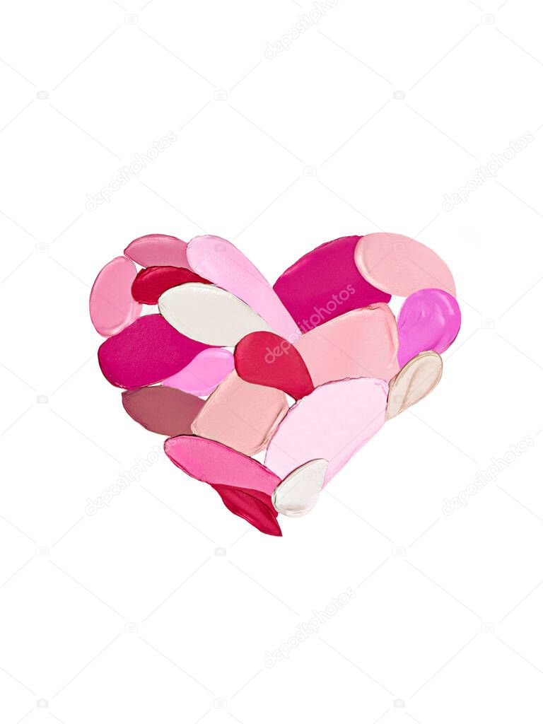 Valentine's Day background. Red and pink lipstick smeared in the shape of heart. Isolated on white background. Cosmetic products