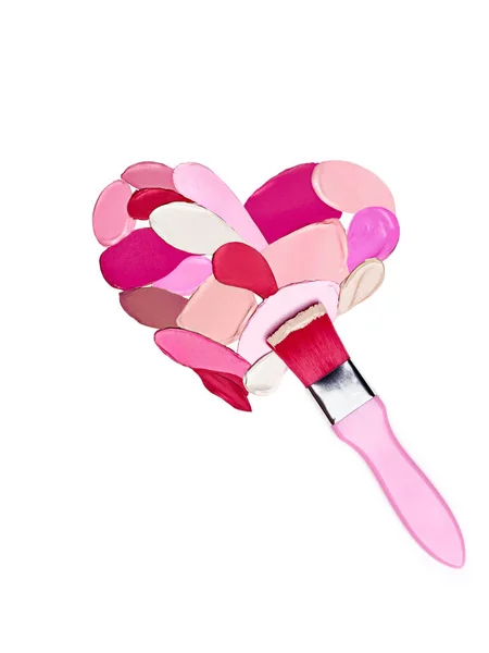 Valentijnsdag Achtergrond Rode Roze Lippenstift Ingesmeerd Vorm Van Een Hart — Stockfoto